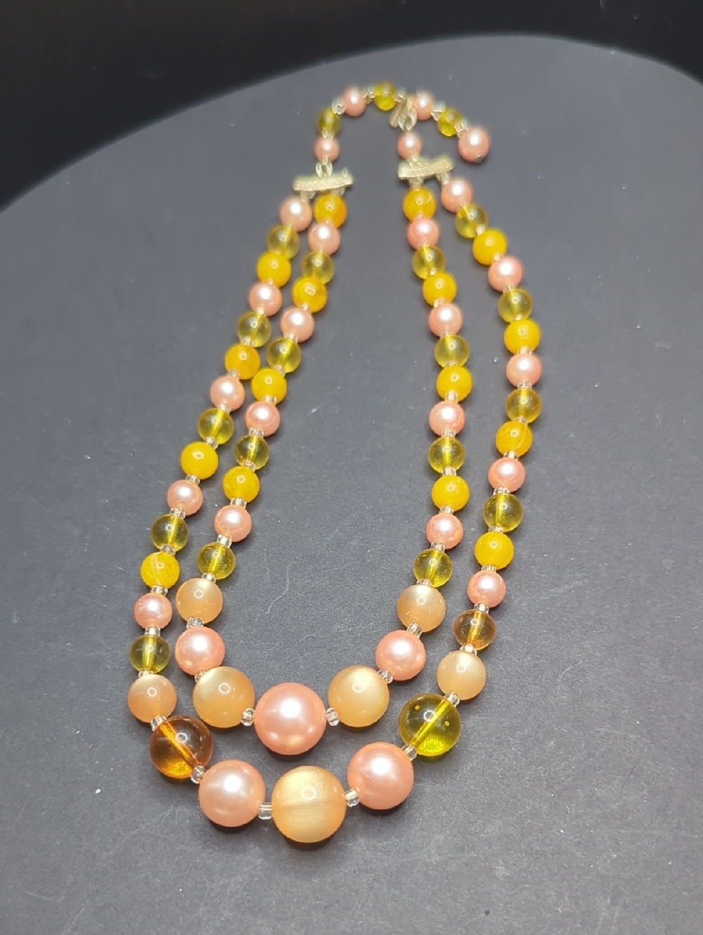 Pink and Yellow Two-Strand Plastic Beaded Necklace
